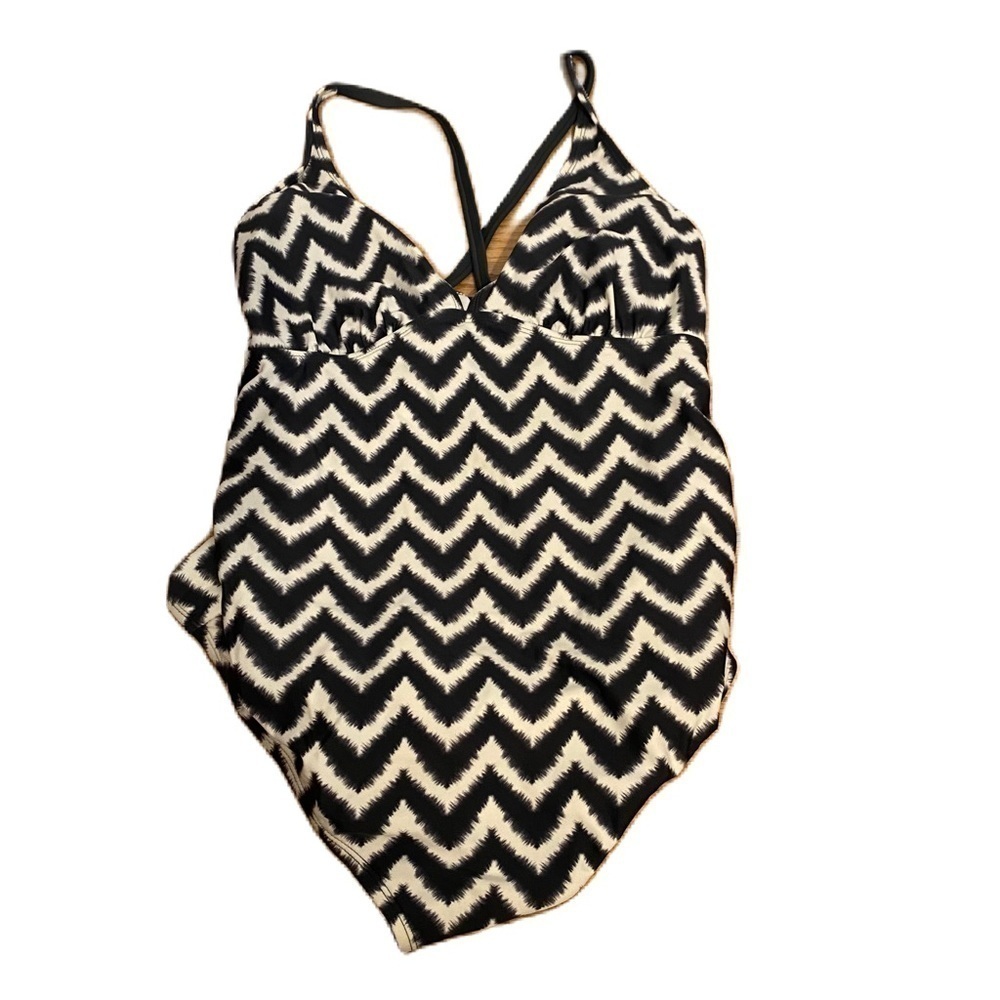 Liz Lange Maternity One Piece Swim Suit Large Blue Gray Abstract Stripe Bathing